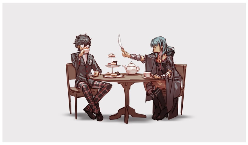 female byleth and amamiya ren (fire emblem and 4 more) drawn by nin_nakajima
