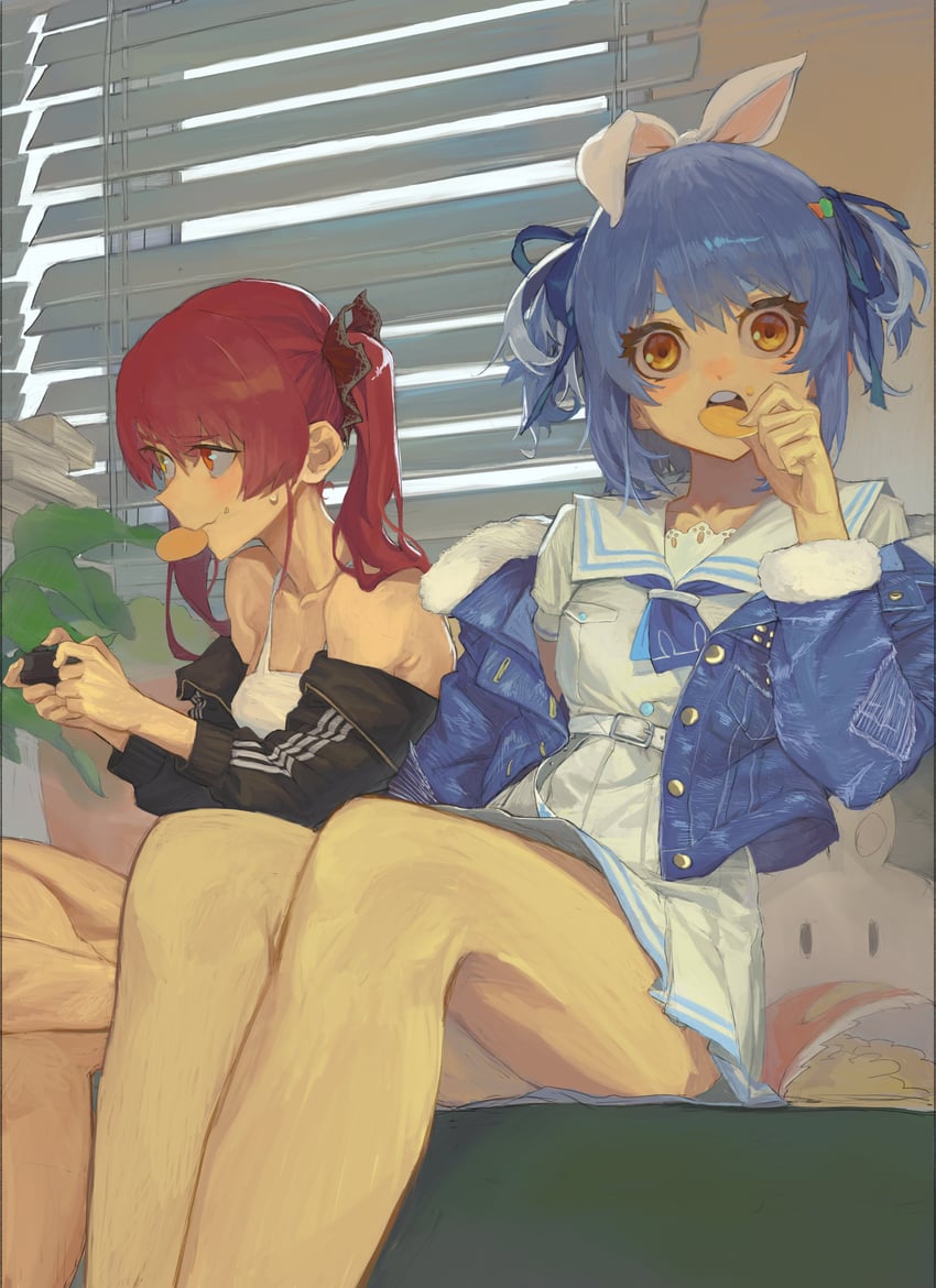 houshou marine and usada pekora (hololive) drawn by chamchamshia