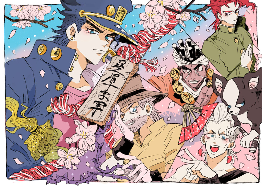 joseph joestar, kujo jotaro, kakyoin noriaki, jean pierre polnareff, star platinum, and 2 more (jojo no kimyou na bouken and 1 more) drawn by sahau228
