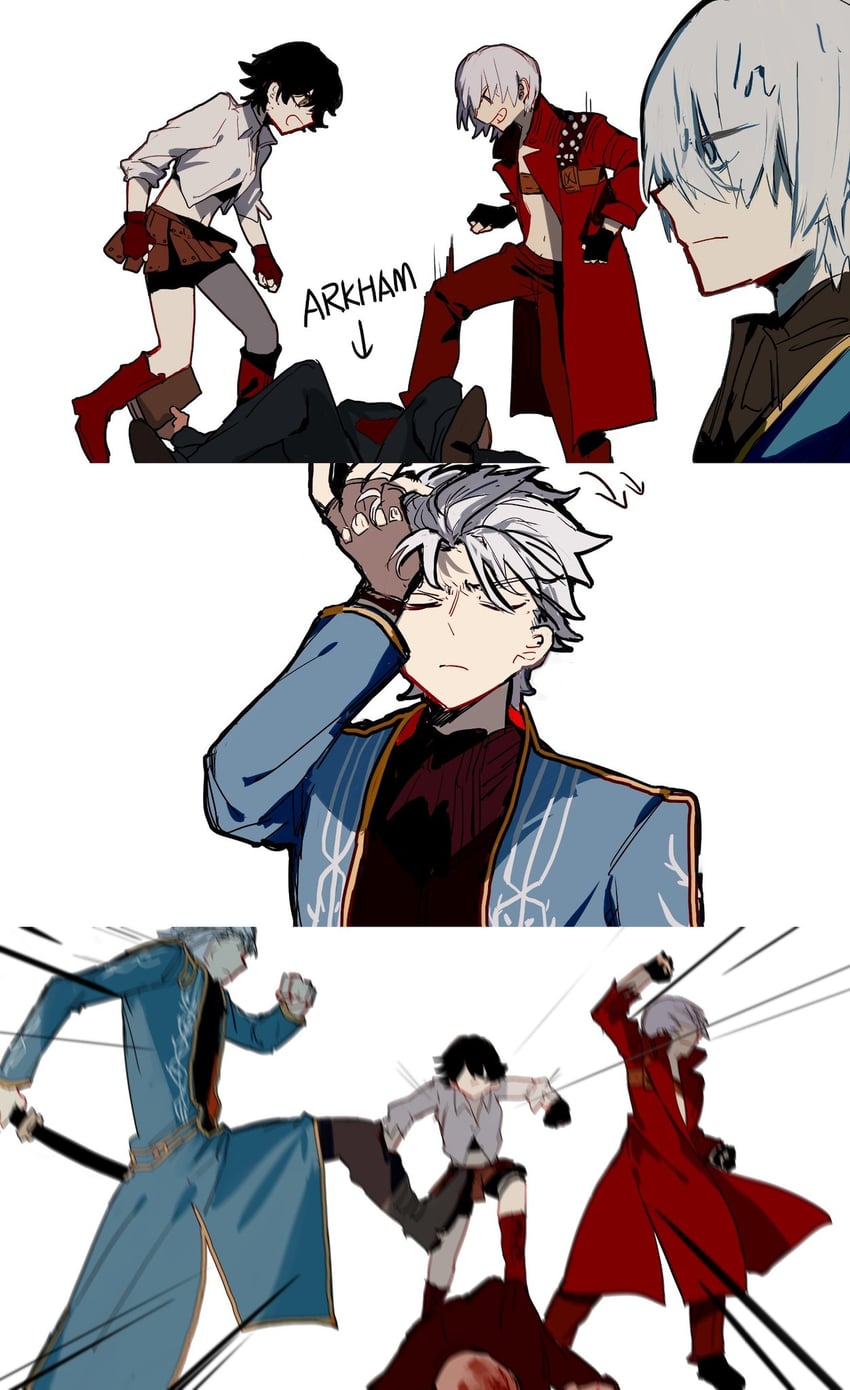 dante, vergil, lady, and arkham (devil may cry and 1 more) drawn by he_(minty)