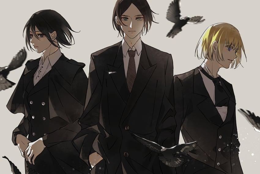mikasa ackerman, eren yeager, and armin arlert (shingeki no kyojin) drawn by zhuse_fuxianqing