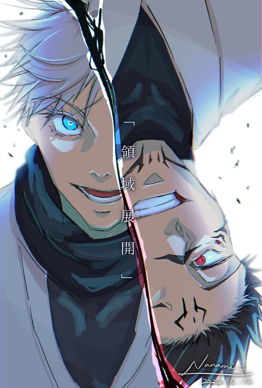 gojou satoru, fushiguro megumi, and ryoumen sukuna (jujutsu kaisen) drawn by nanami_(hpkf7532)