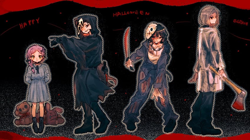 natsuki subaru, jason voorhees, elsa granhilte, ghostface, meili portroute, and 3 more (re:zero kara hajimeru isekai seikatsu and 5 more) drawn by shen1461889