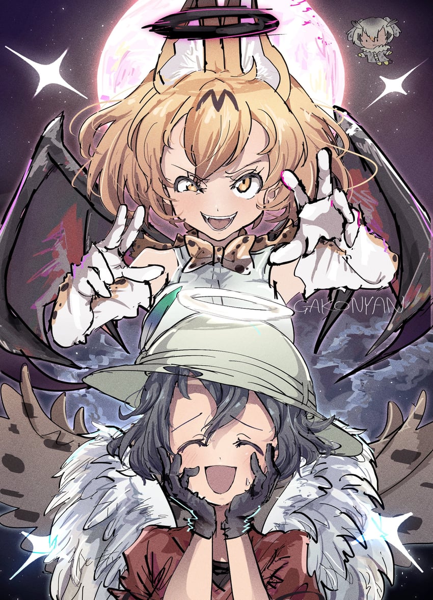 serval, kaban, and northern white-faced owl (kemono friends) drawn by gako_nyan2