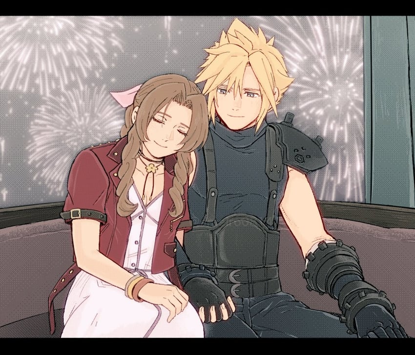cloud strife and aerith gainsborough (final fantasy and 3 more) drawn by ameiro0814