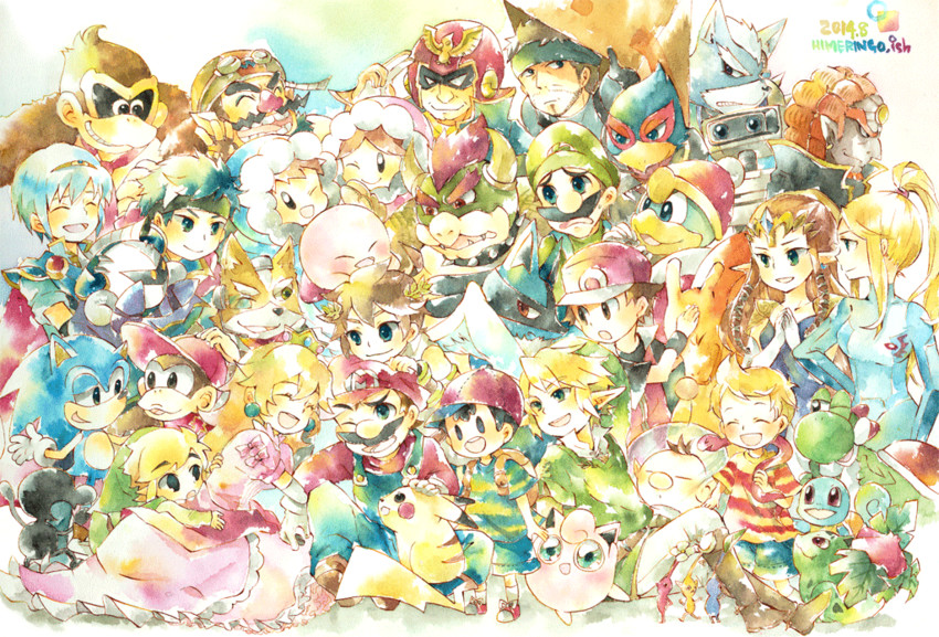 link, pikachu, princess zelda, kirby, princess peach, and 33 more (pokemon and 24 more) drawn by popupopo