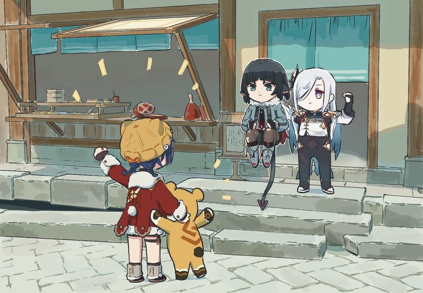 shenhe, jane doe, xiangling, and guoba (genshin impact and 2 more) drawn by xinzoruo