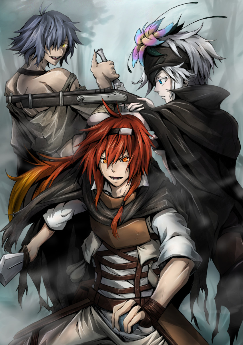 flamie speeddraw, adlet myer, and hans humpty (rokka no yuusha) drawn by sakazuki_sudama