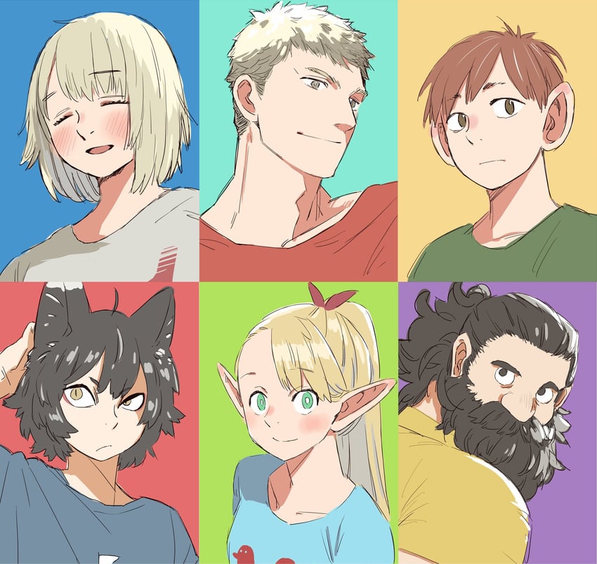 marcille donato, falin touden, laios touden, senshi, chilchuck tims, and 1 more (dungeon meshi) drawn by matsutani