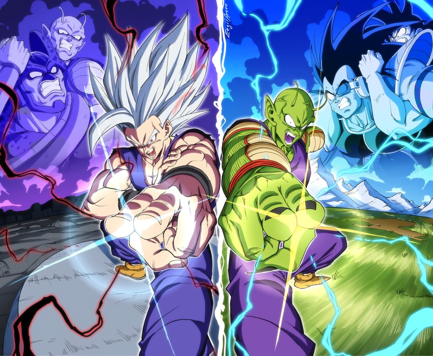 son goku, son gohan, piccolo, gohan beast, raditz, and 2 more (dragon ball and 3 more) drawn by eegiiartto