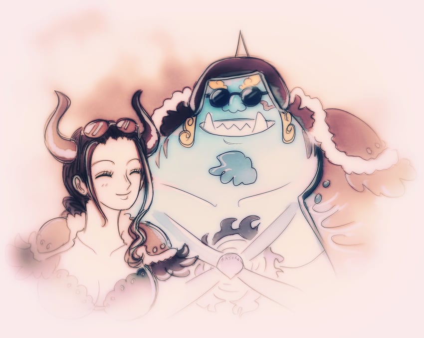 nico robin and jinbe (one piece) drawn by majoranokamen