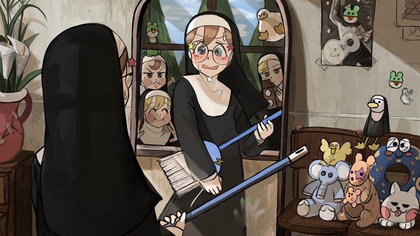clumsy nun, froggy nun, spicy nun, and glasses nun (little nuns) drawn by diva_(hyxpk)