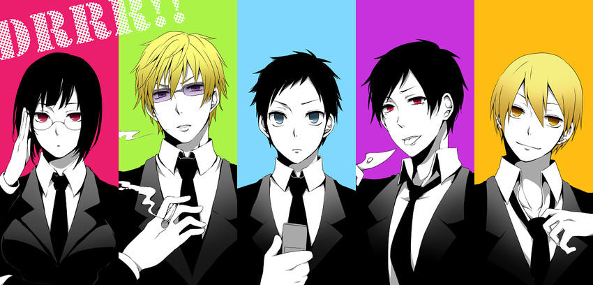 orihara izaya, sonohara anri, heiwajima shizuo, ryuugamine mikado, and kida masaomi (durarara!!) drawn by shivue