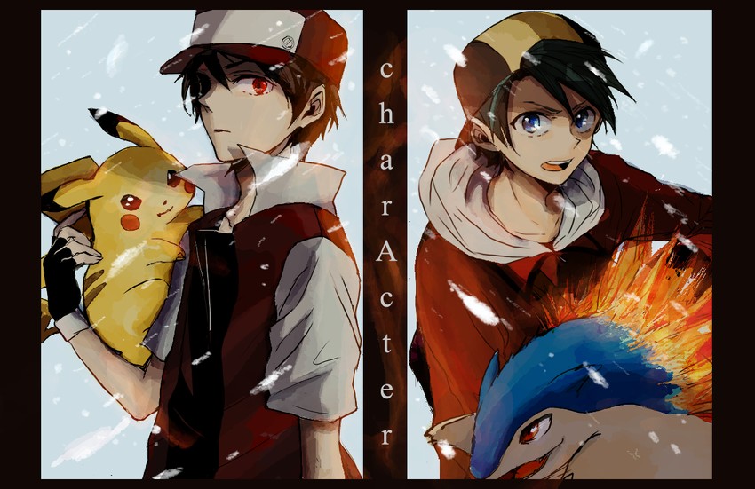 pikachu, red, ethan, and typhlosion (pokemon and 2 more) drawn by yue-es