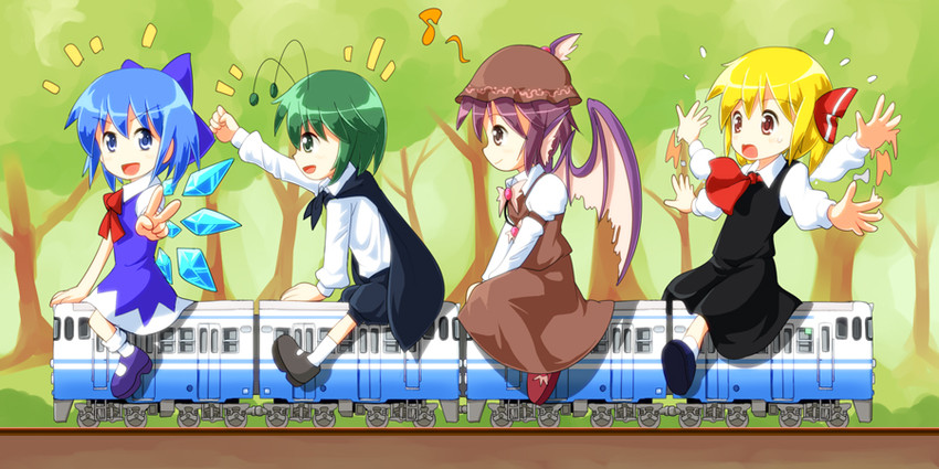 cirno, rumia, mystia lorelei, and wriggle nightbug (touhou) drawn by ruu_(tksymkw)