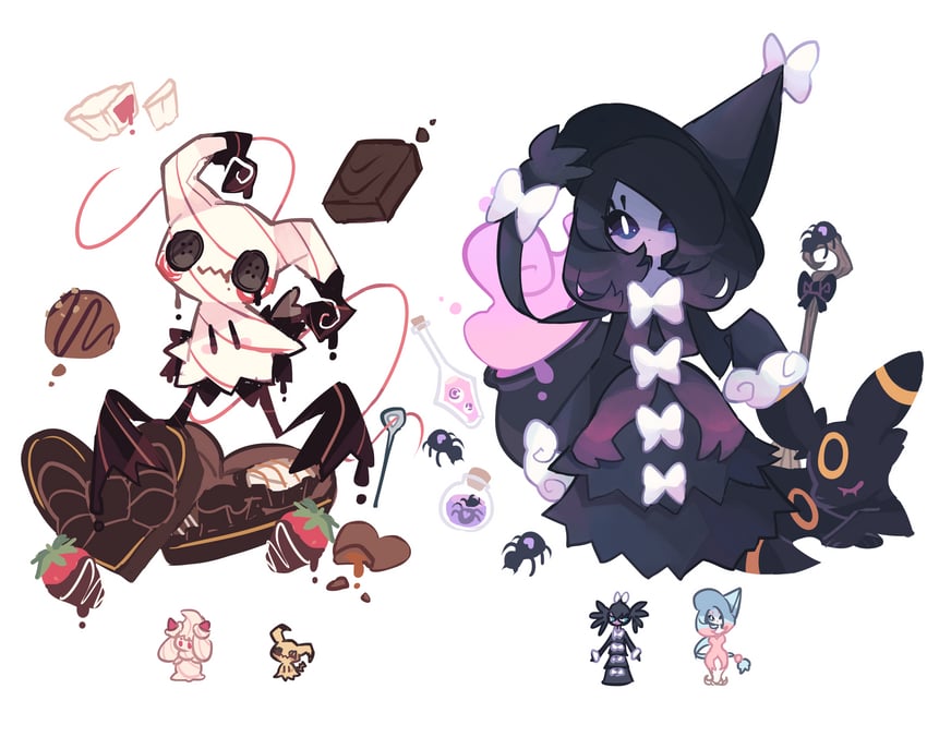 umbreon, mimikyu, alcremie, hatterene, and gothitelle (original and 1 more) drawn by charamells