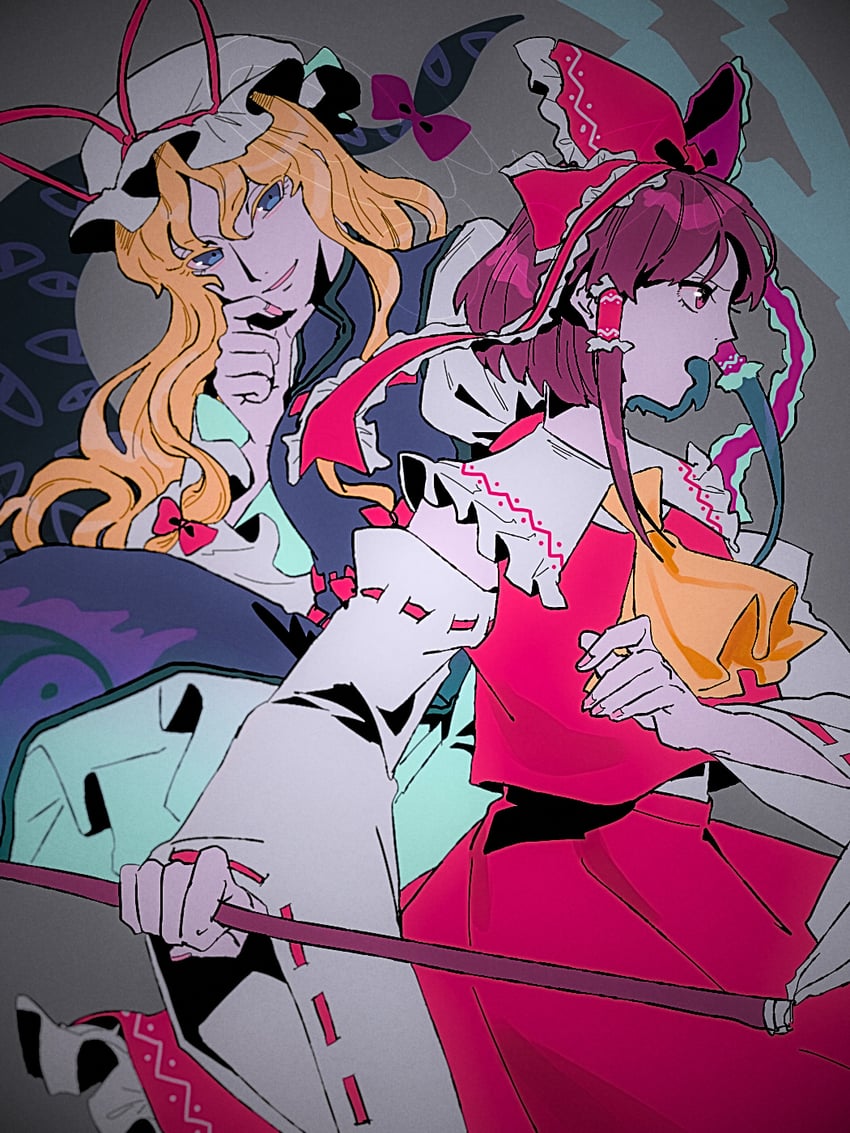 hakurei reimu and yakumo yukari (touhou) drawn by raya_(uk_0128)