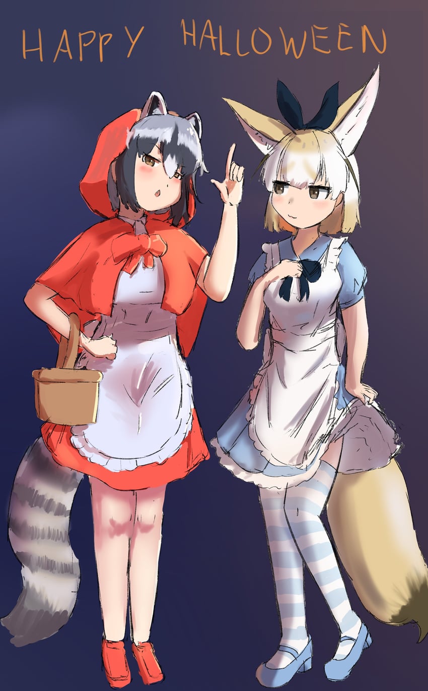 alice, common raccoon, fennec, and little red riding hood (kemono friends and 2 more) drawn by jcsaga03