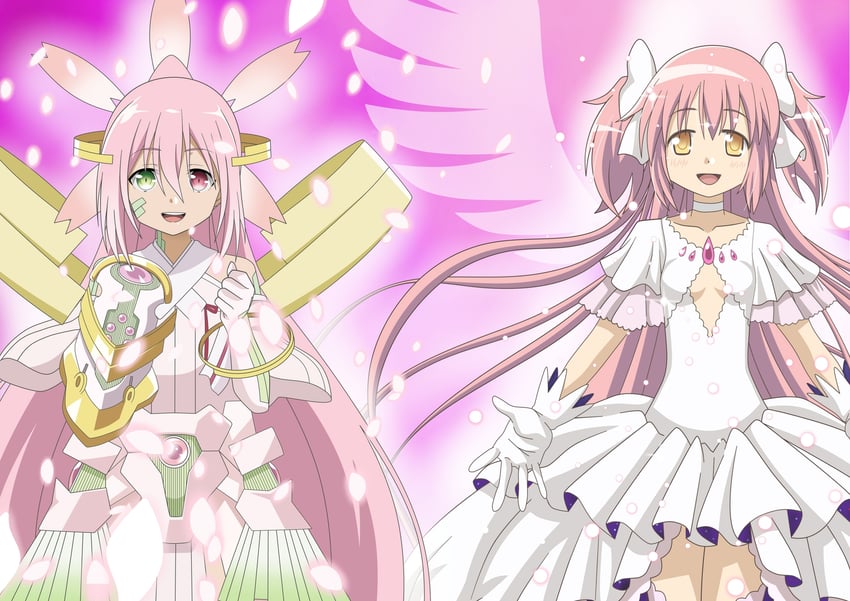 kaname madoka, ultimate madoka, and yuuki yuuna (mahou shoujo madoka magica and 3 more) drawn by riokasen