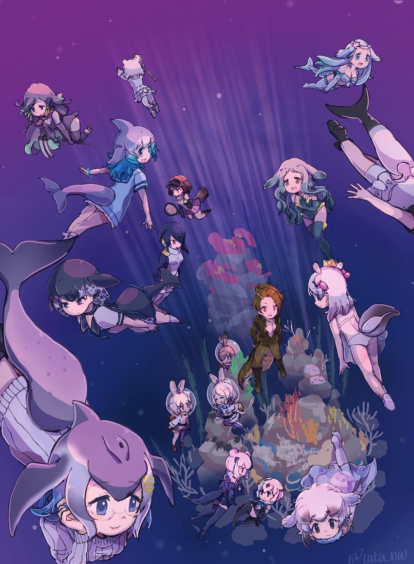 emperor penguin, common bottlenose dolphin, narwhal, blue whale, saltwater crocodile, and 13 more (kemono friends) drawn by tatsuno_newo