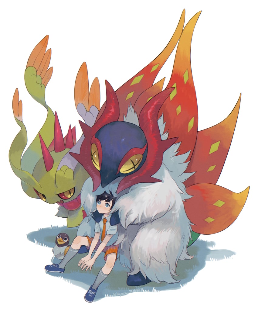 florian, flutter mane, slither wing, and wattrel (pokemon and 1 more) drawn by kikuyoshi_(tracco)