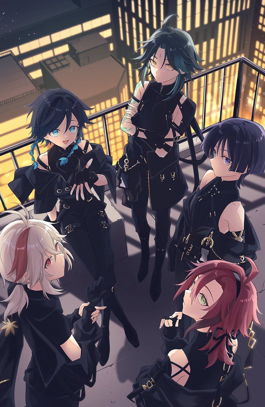 scaramouche, wanderer, venti, xiao, kaedehara kazuha, and 1 more (genshin impact) drawn by y0moru