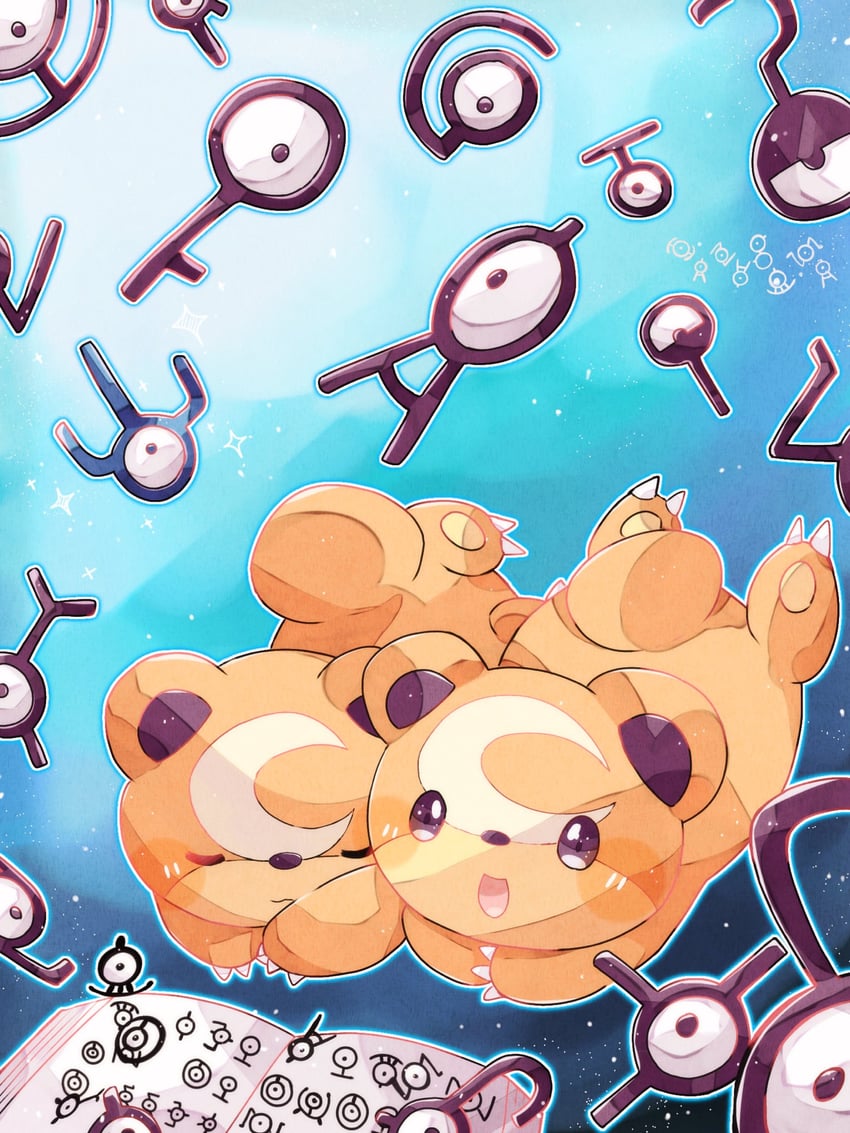 unown, teddiursa, unown a, unown e, unown o, and 15 more (pokemon) drawn by hanabusaoekaki