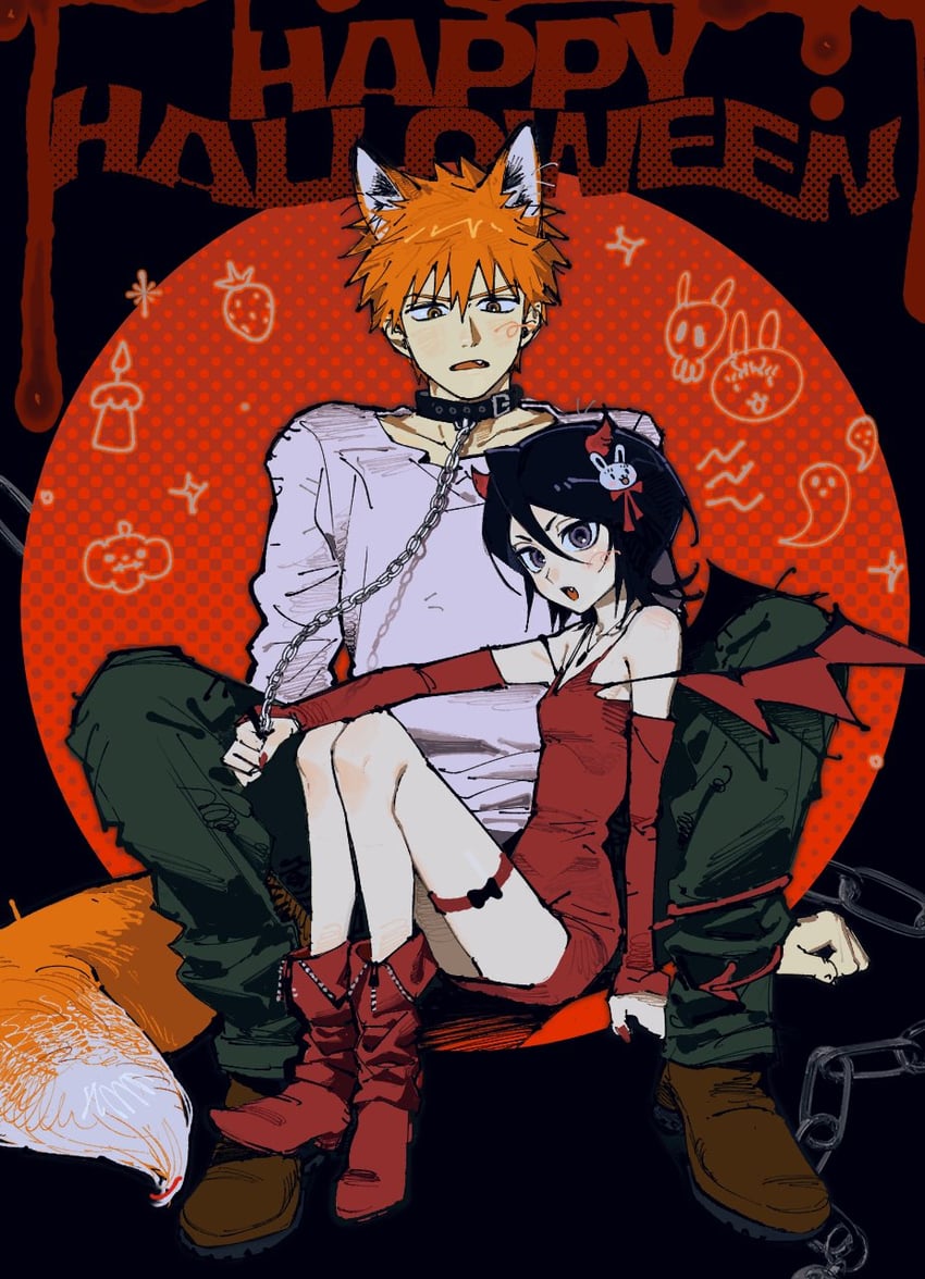 kuchiki rukia and kurosaki ichigo (bleach) drawn by yongsa_(y0ngs4)