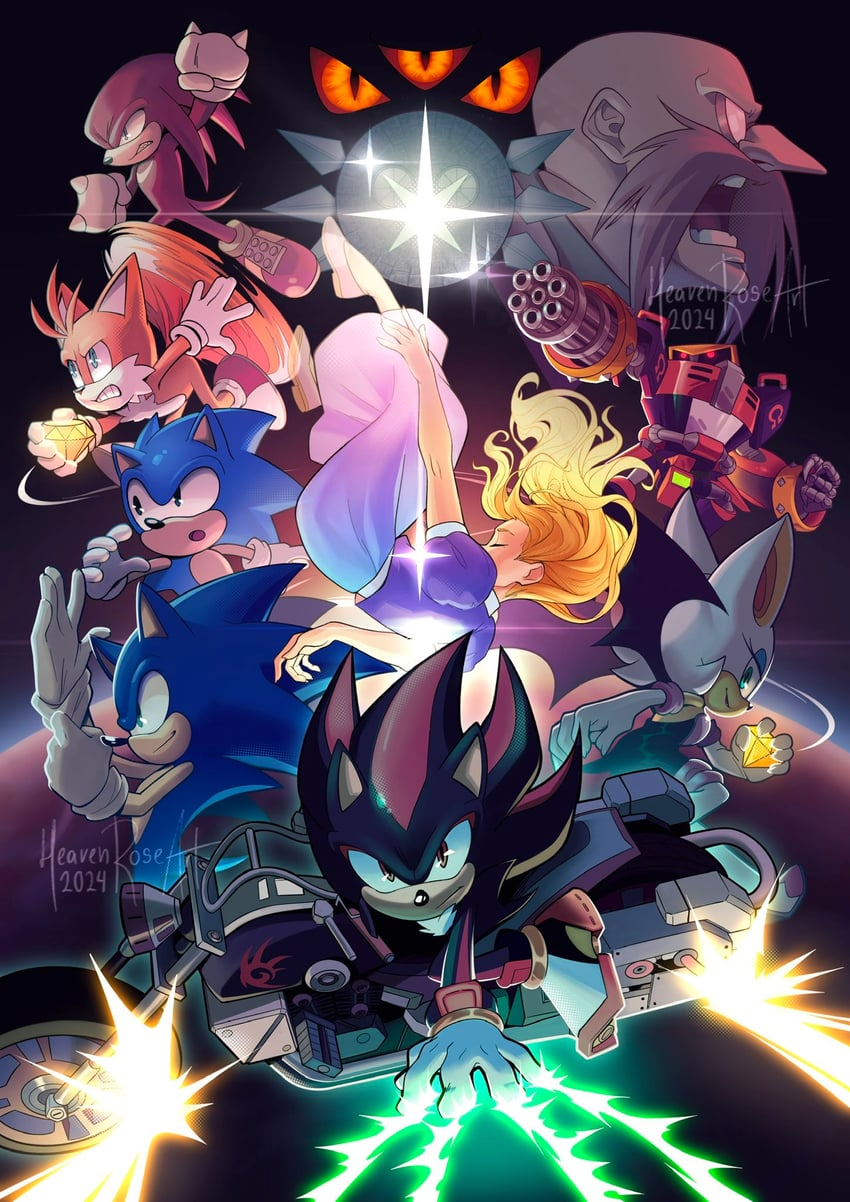 sonic the hedgehog, shadow the hedgehog, rouge the bat, tails, knuckles the echidna, and 4 more (sonic and 2 more) drawn by heavenrose_art