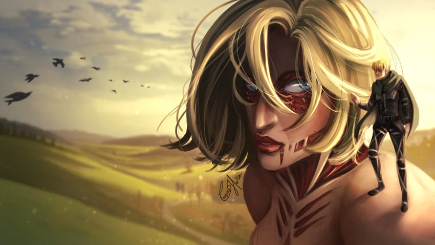 armin arlert, annie leonhart, titan, and female titan (shingeki no kyojin) drawn by chryssahart