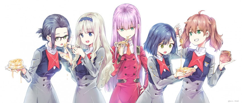 zero two, ichigo, kokoro, miku, and ikuno (darling in the franxx) drawn by todo-akira