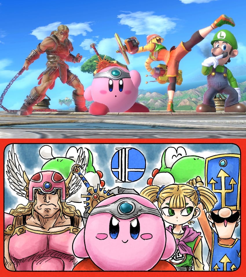 kirby, luigi, yoshi, warrior, priest, and 4 more (mario and 6 more) drawn by kicdon