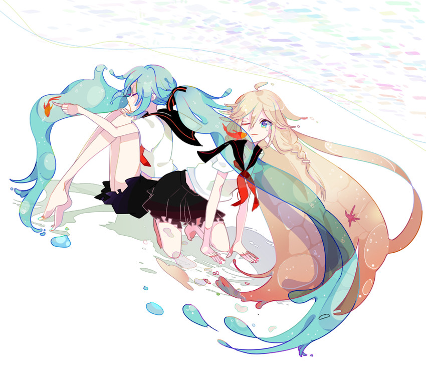 hatsune miku, ia, bottle miku, and bottle ia (vocaloid) drawn by hako_(swimjelly)
