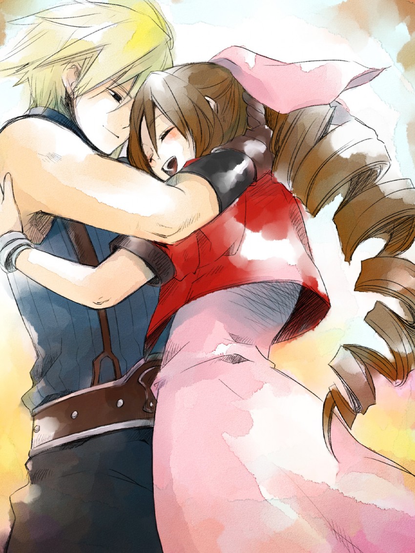 cloud strife and aerith gainsborough (final fantasy and 1 more) drawn by hidaka_ryou
