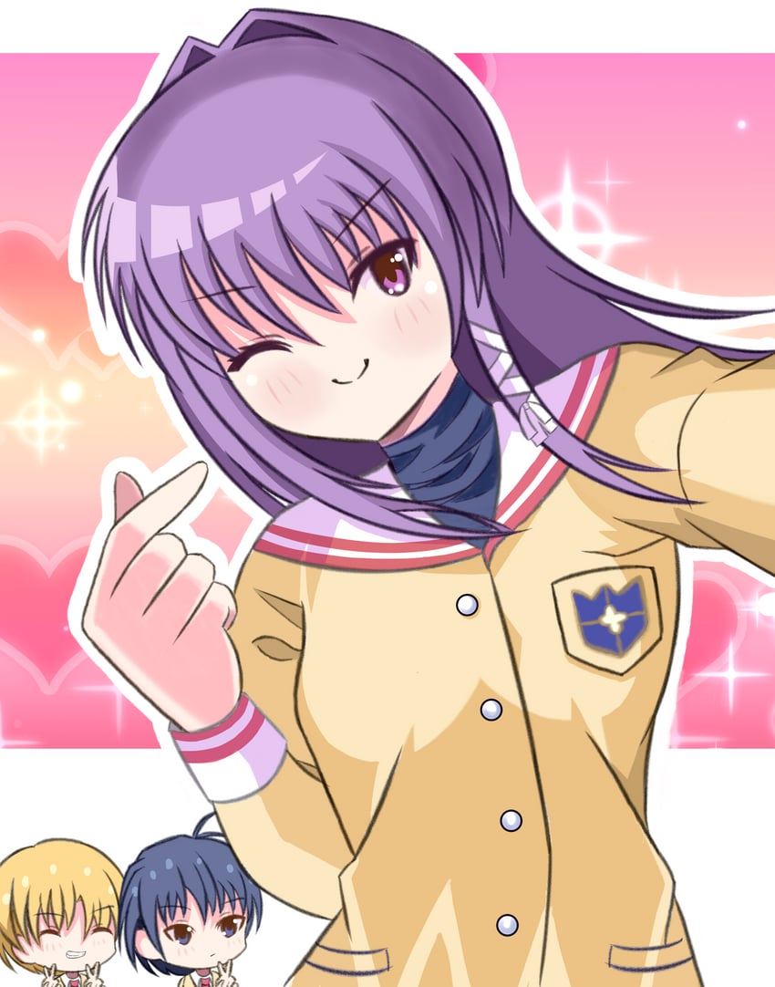 fujibayashi kyou, okazaki tomoya, and sunohara youhei (clannad) drawn by shake_(pixiv_75845198)