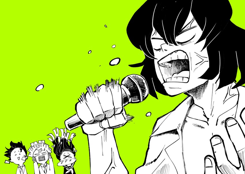 kamado nezuko, kamado tanjirou, agatsuma zenitsu, and hashibira inosuke (kimetsu no yaiba and 1 more) drawn by bahyon_6969