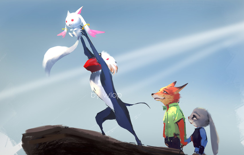 kyubey, judy hopps, nick wilde, and rafiki (mahou shoujo madoka magica and 3 more) drawn by wlop