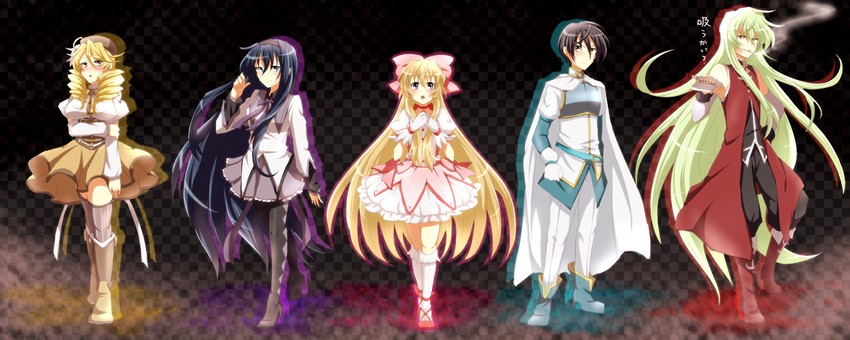 akemi homura, kaname madoka, miki sayaka, sakura kyoko, tomoe mami, and 5 more (mahou shoujo madoka magica and 1 more) drawn by akasata