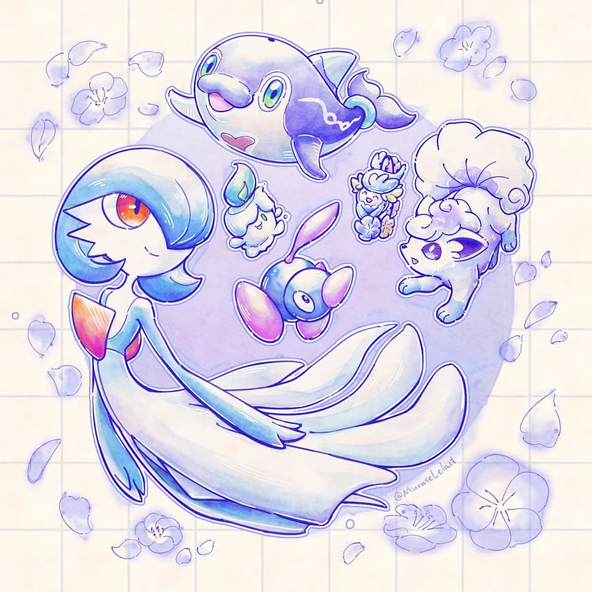 gardevoir, litwick, alolan vulpix, comfey, porygon2, and 1 more (pokemon) drawn by murase_(muraselelait)