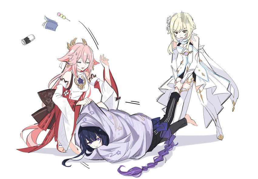 lumine, raiden shogun, and yae miko (genshin impact) drawn by boo_1