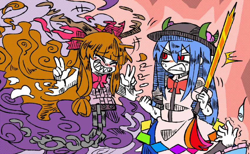 saigyouji yuyuko, hinanawi tenshi, and ibuki suika (touhou) drawn by suenari_(peace)