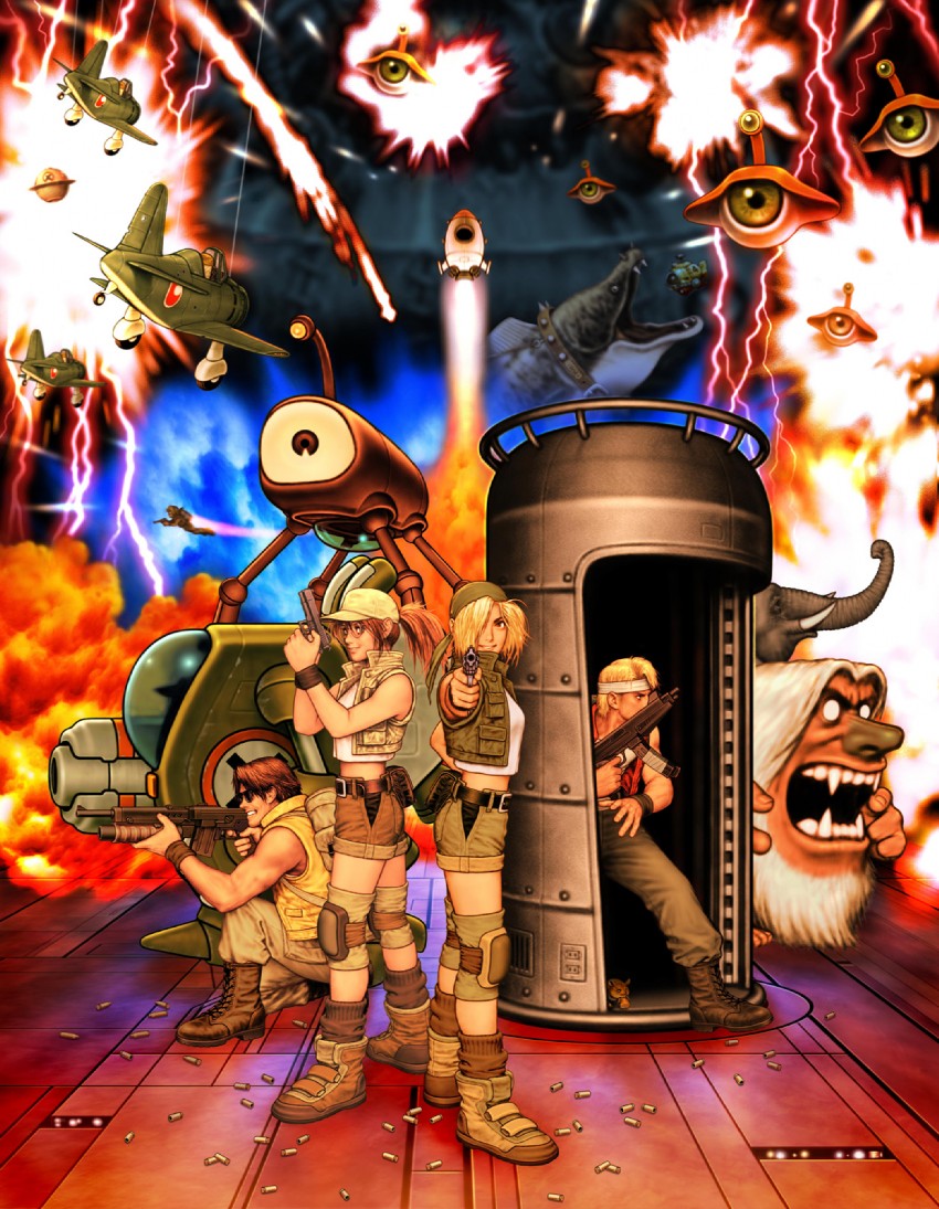 fio germi, kasamoto eri, marco rossi, tarma roving, dai-manji, and 2 more (metal slug and 1 more) drawn by mori_toshiaki