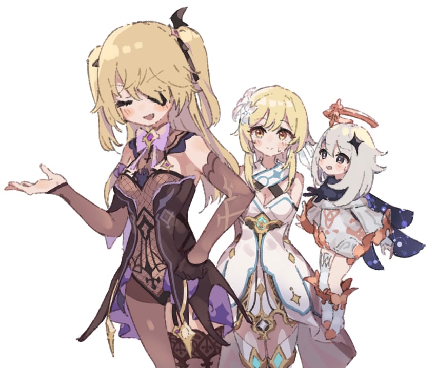 lumine, paimon, and fischl (genshin impact) drawn by epi_zero