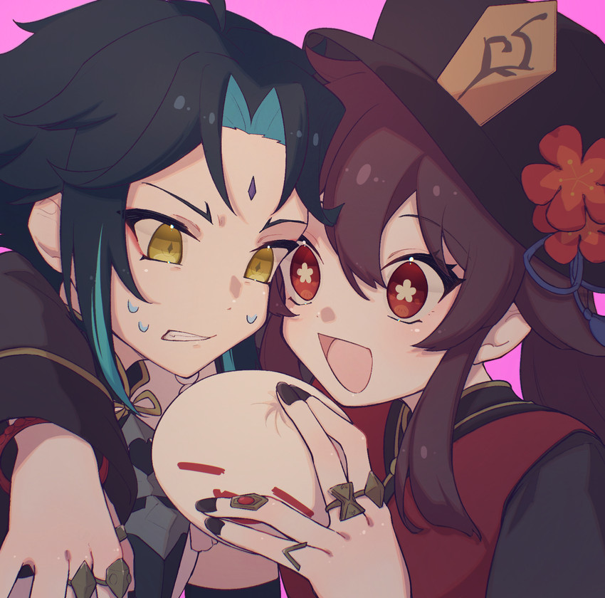 hu tao, xiao, and boo tao (genshin impact) drawn by miyukiboshi