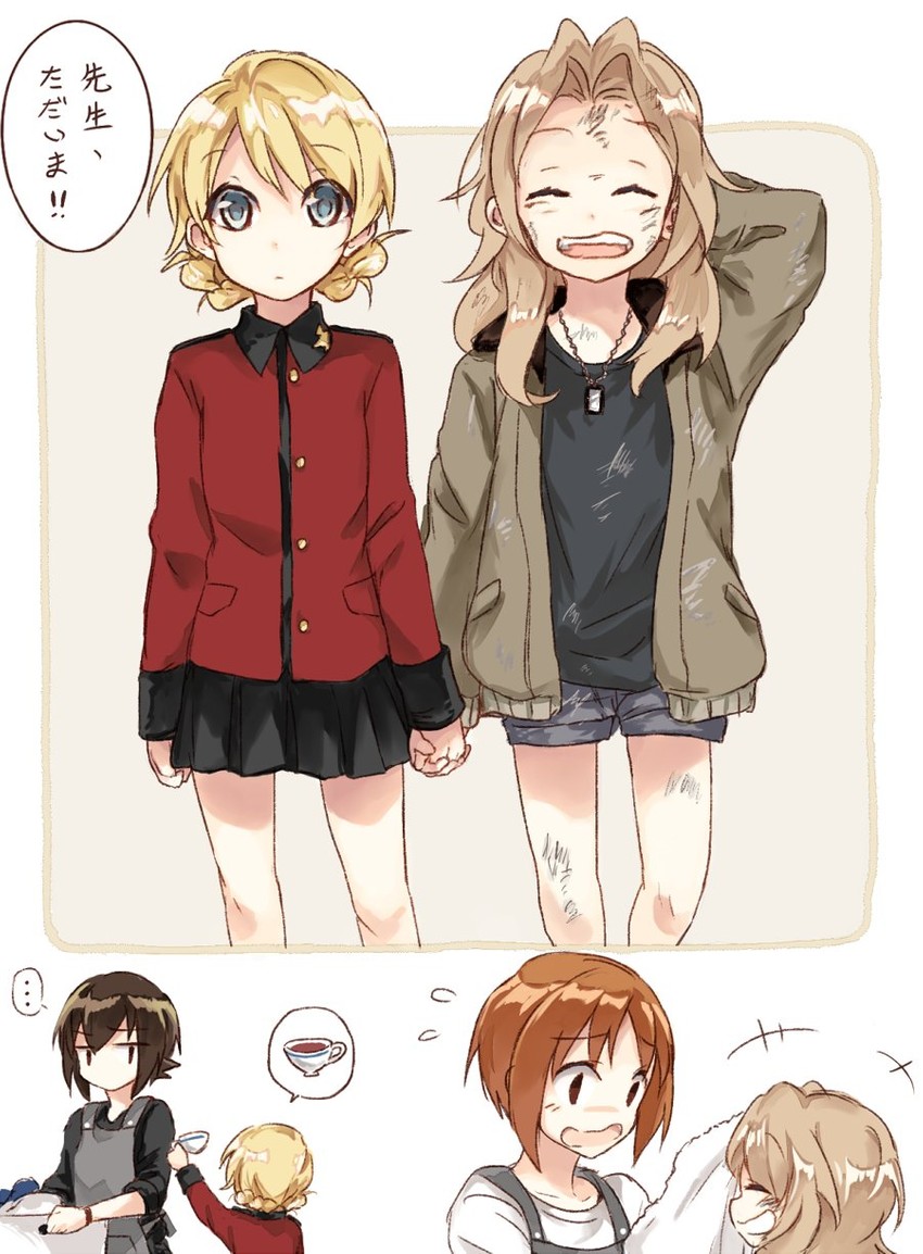 nishizumi miho, darjeeling, nishizumi maho, and kay (girls und panzer) drawn by yuuyu_(777)