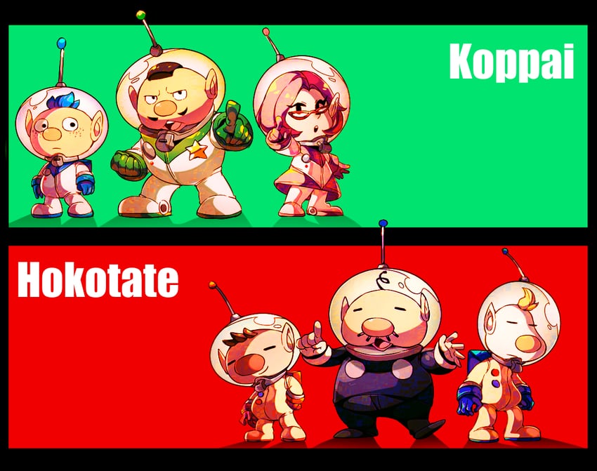 olimar, louie, alph, brittany, charlie, and 1 more (pikmin) drawn by shirushiki