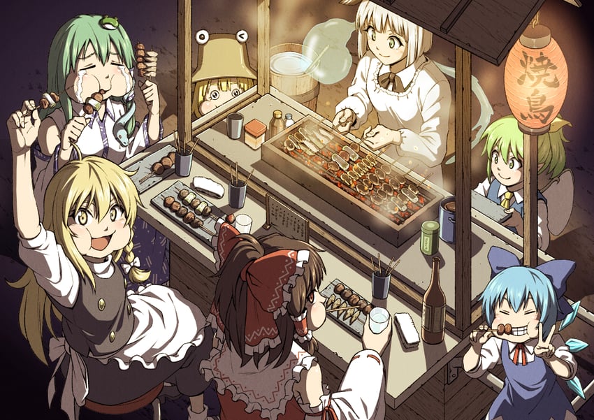 hakurei reimu, kirisame marisa, kochiya sanae, konpaku youmu, cirno, and 2 more (touhou) drawn by inuno_rakugaki