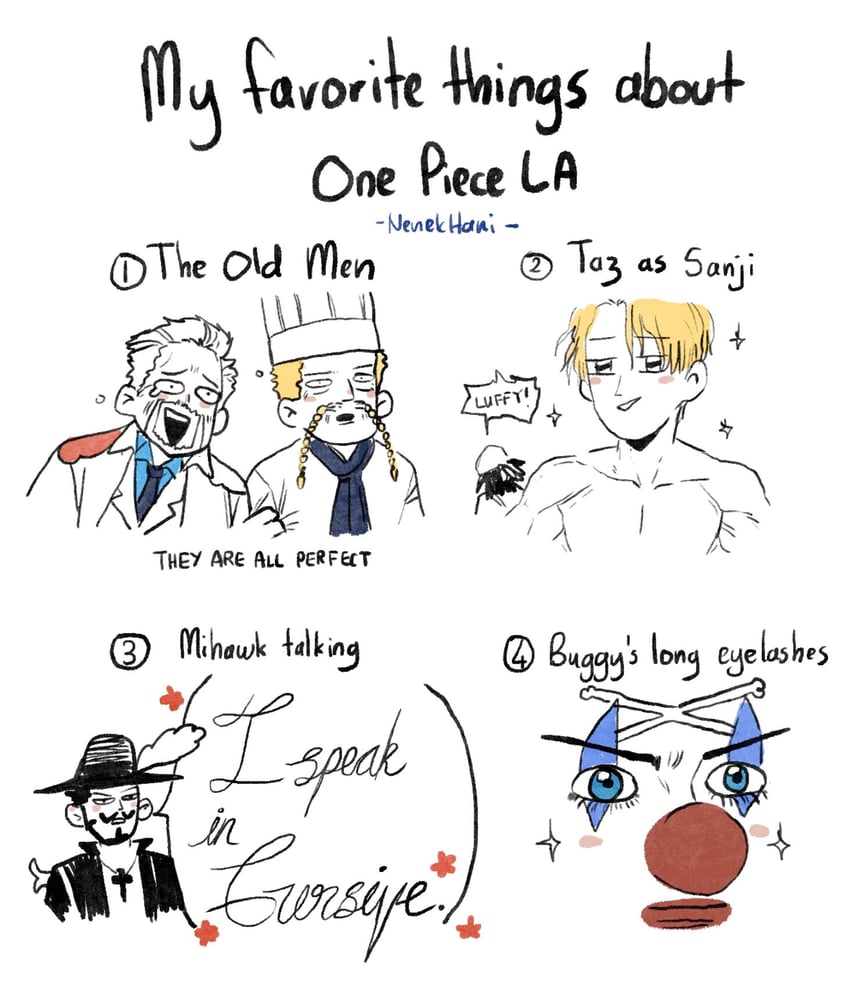 sanji, usopp, buggy the clown, dracule mihawk, monkey d. garp, and 1 more (one piece) drawn by nenek_hani