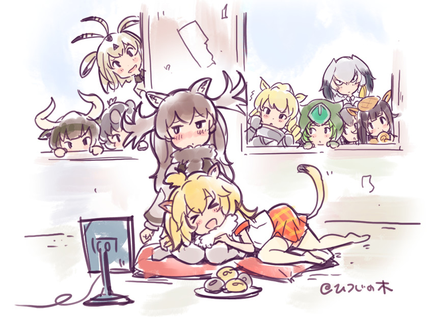shoebill, lion, moose, aurochs, white rhinoceros, and 5 more (kemono friends) drawn by moupii_(hitsuji_no_ki)