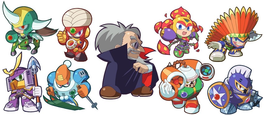dr. wily, blizzard man, centaur man, knight man, plant man, and 5 more (mega man and 2 more) drawn by kin_niku